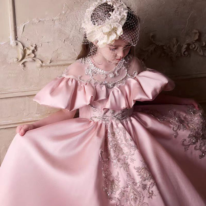 Luxury Embroidered Lace Stain Flower Princess Girl Dress Pink J255