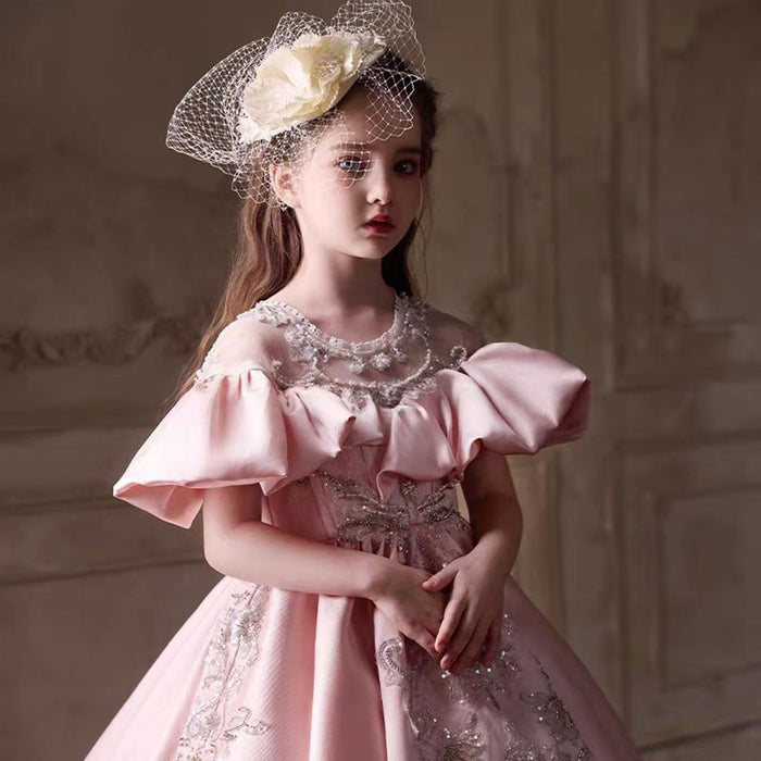 Luxury Embroidered Lace Stain Flower Princess Girl Dress Pink J255