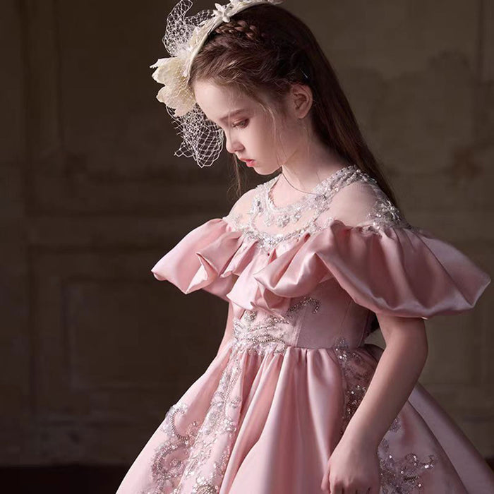 Luxury Embroidered Lace Stain Flower Princess Girl Dress Pink J255