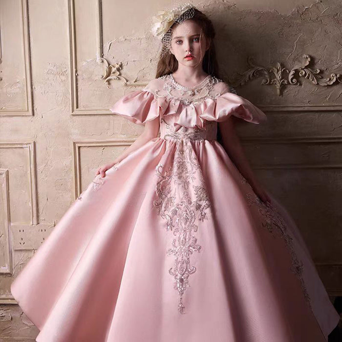 Luxury Embroidered Lace Stain Flower Princess Girl Dress Pink J255