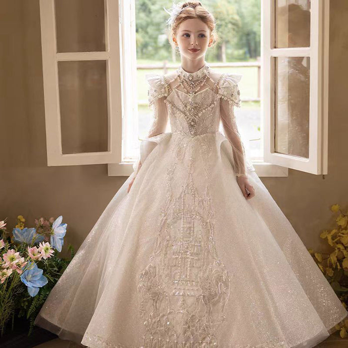 Luxury Embroidered Princess Girl Dress With Tulle Pearls White J151