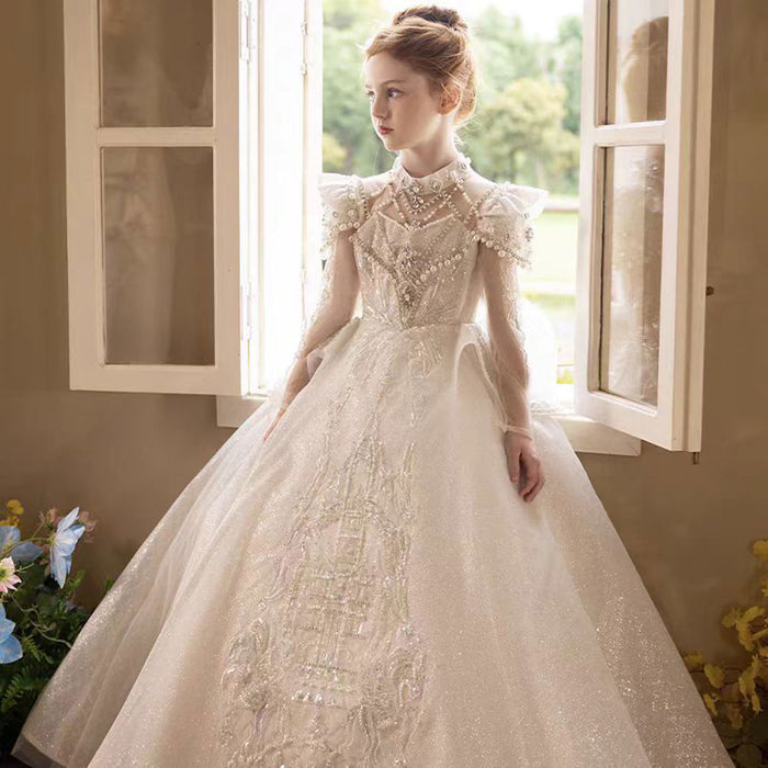 Luxury Embroidered Princess Girl Dress With Tulle Pearls White J151