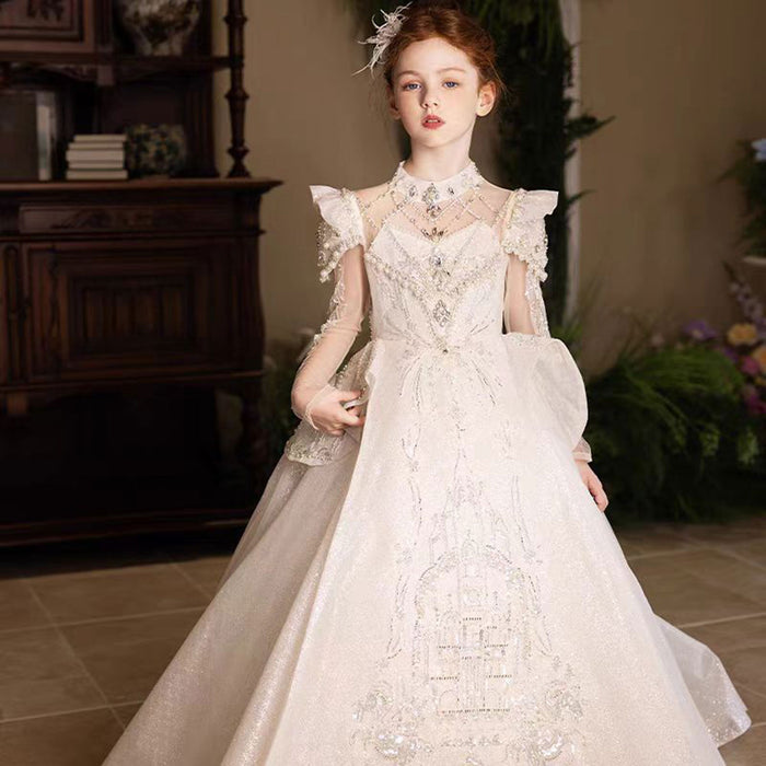 Luxury Embroidered Princess Girl Dress With Tulle Pearls White J151