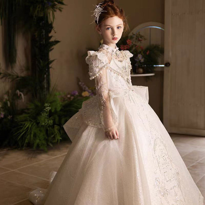 Luxury Embroidered Princess Girl Dress With Tulle Pearls White J151