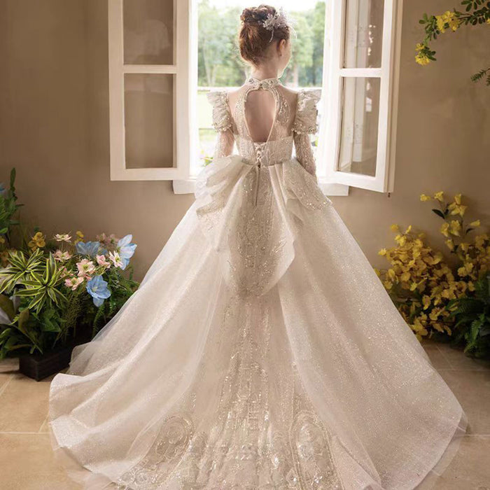Luxury Embroidered Princess Girl Dress With Tulle Pearls White J151