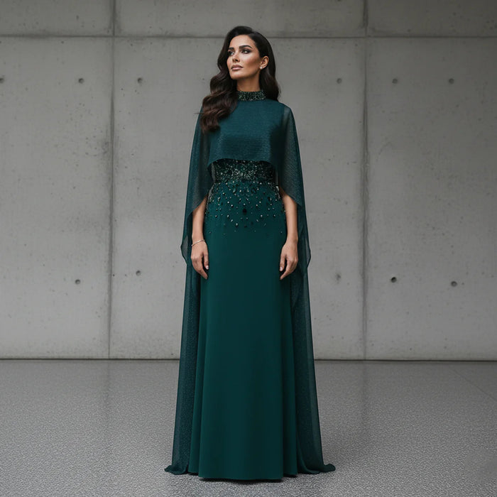 Luxury Emerald Green Beaded Crystal Evening Gown with Cape Sleeves SS260-DreamyVow