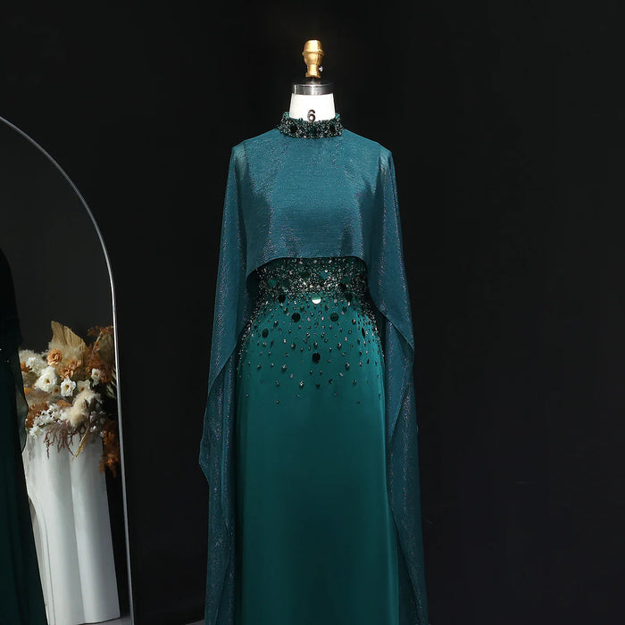 Luxury Emerald Green Beaded Crystal Evening Gown with Cape Sleeves SS260-DreamyVow
