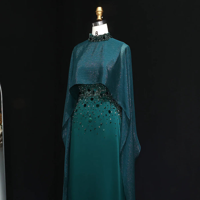 Luxury Emerald Green Beaded Crystal Evening Gown with Cape Sleeves SS260-DreamyVow