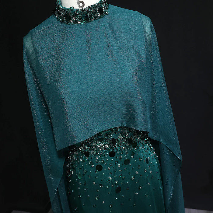 Luxury Emerald Green Beaded Crystal Evening Gown with Cape Sleeves SS260-DreamyVow