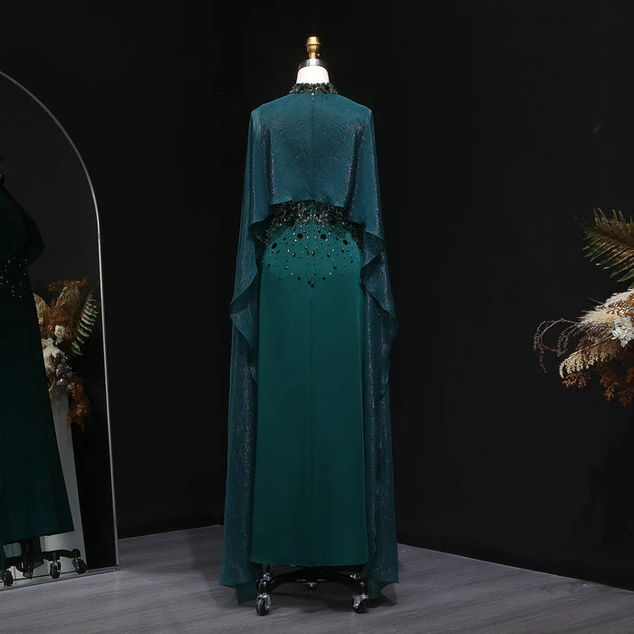 Luxury Emerald Green Beaded Crystal Evening Gown with Cape Sleeves SS260-DreamyVow
