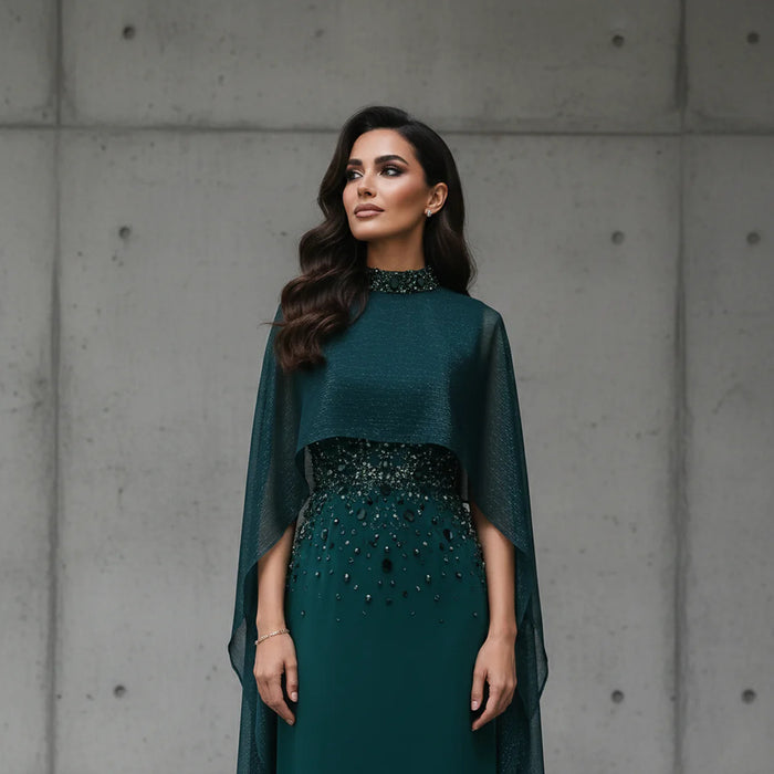 Luxury Emerald Green Beaded Crystal Evening Gown with Cape Sleeves SS260-DreamyVow