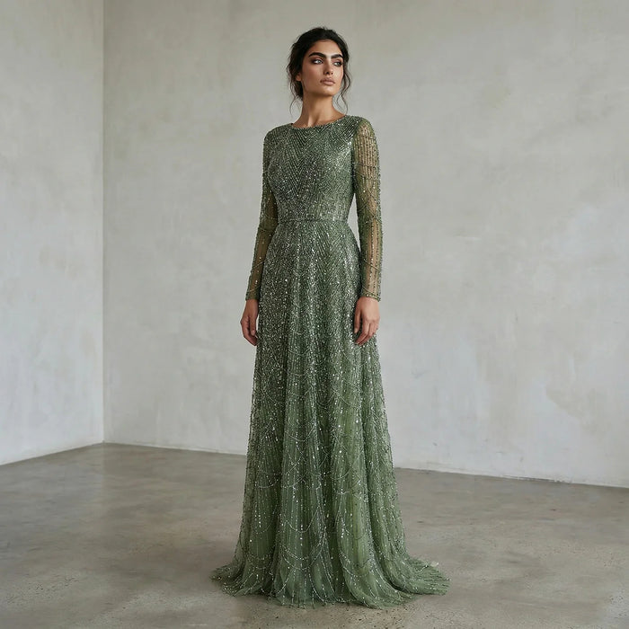 Luxury Emerald Green Beaded Long Sleeve Evening Gown SS625-DreamyVow