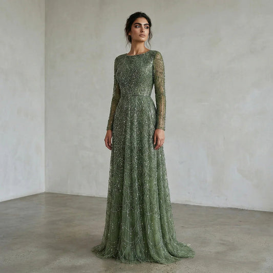 Luxury Emerald Green Beaded Long Sleeve Evening Gown SS625-DreamyVow