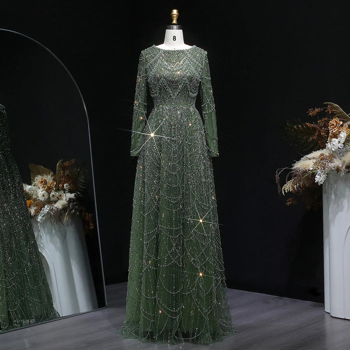 Luxury Emerald Green Beaded Long Sleeve Evening Gown SS625-DreamyVow