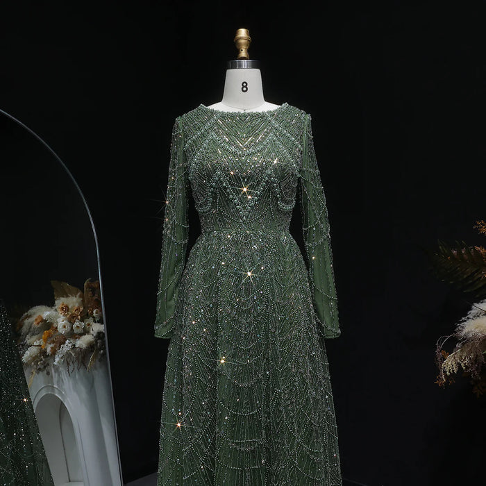 Luxury Emerald Green Beaded Long Sleeve Evening Gown SS625-DreamyVow