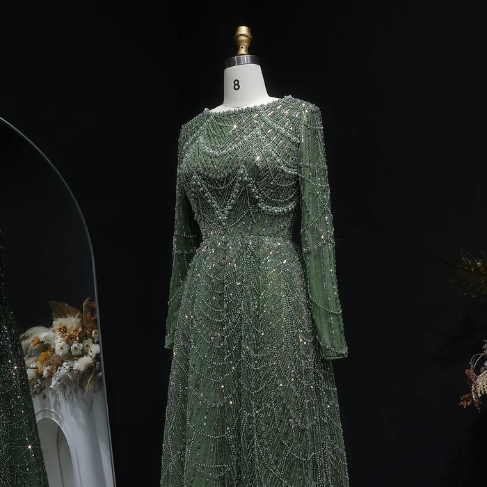 Luxury Emerald Green Beaded Long Sleeve Evening Gown SS625-DreamyVow