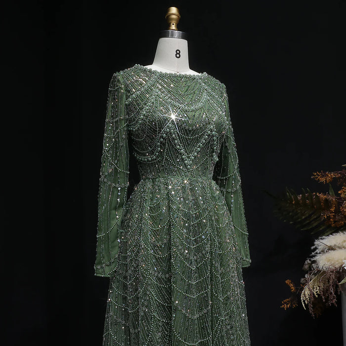 Luxury Emerald Green Beaded Long Sleeve Evening Gown SS625-DreamyVow