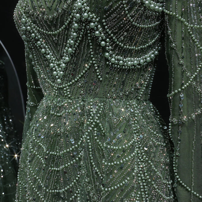 Luxury Emerald Green Beaded Long Sleeve Evening Gown SS625-DreamyVow