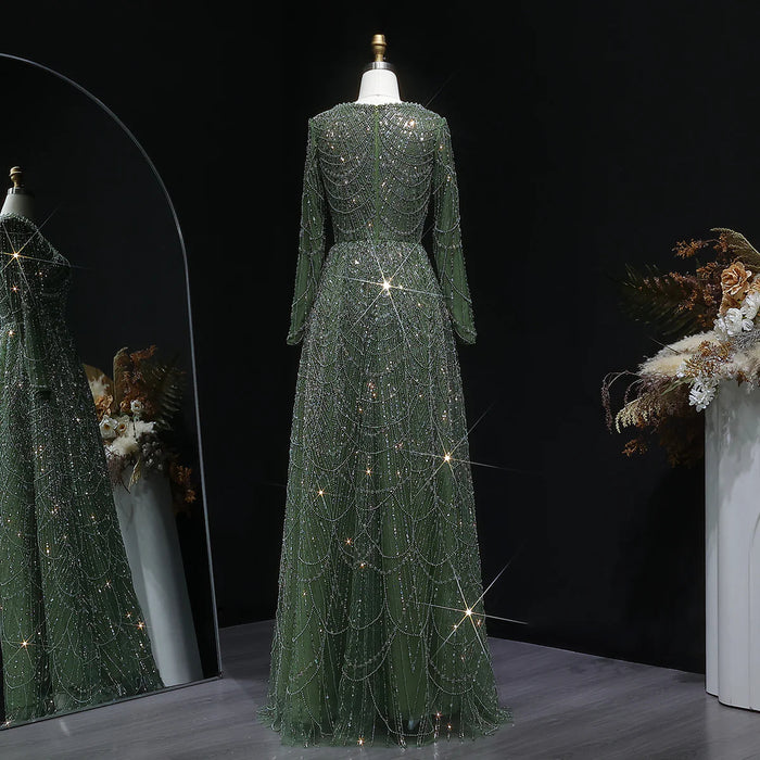 Luxury Emerald Green Beaded Long Sleeve Evening Gown SS625-DreamyVow