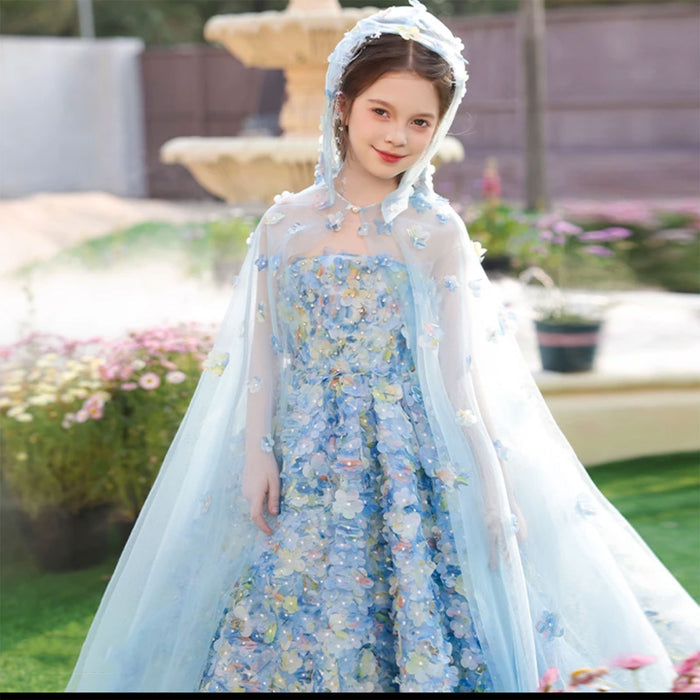 Luxury Floral Blue Flower Girl Dress for Kids Wedding Pageant Party J273