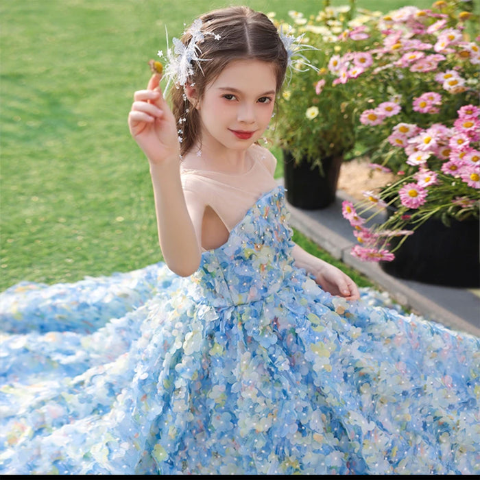Luxury Floral Blue Flower Girl Dress for Kids Wedding Pageant Party J273