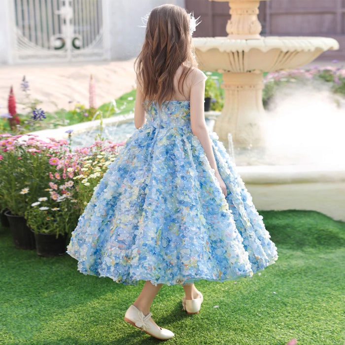 Luxury Floral Blue Flower Girl Dress for Kids Wedding Pageant Party J273