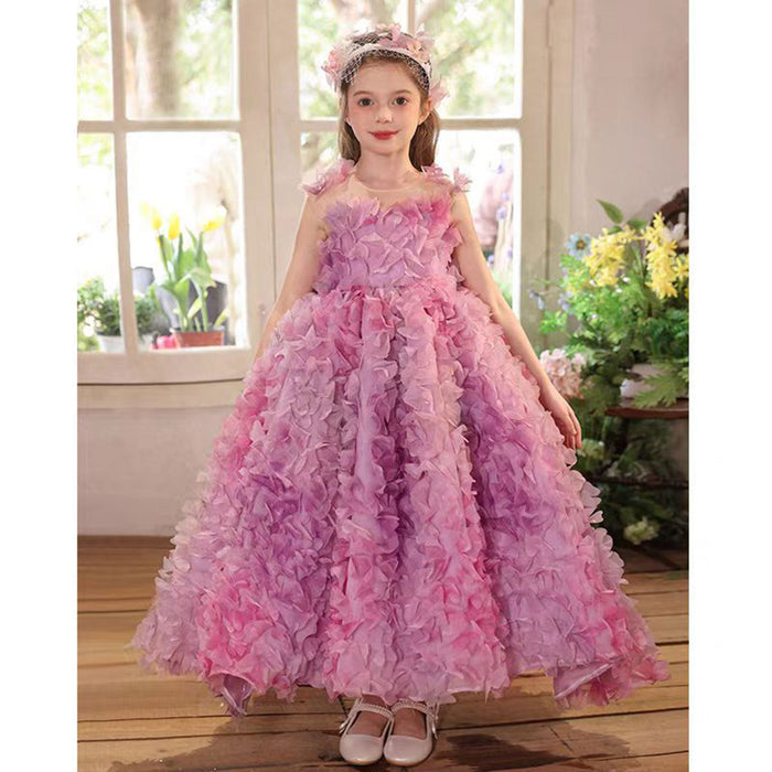 Luxury Fuchsia Flower Girl Long Dress Kids Wedding Pageant Party J288