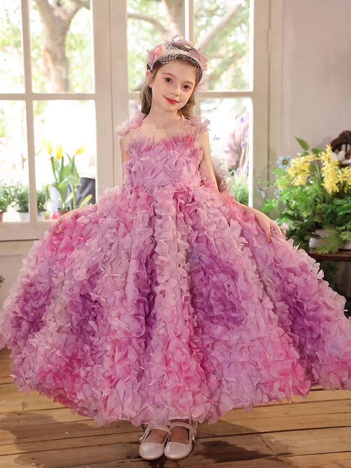 Luxury Fuchsia Flower Girl Long Dress Kids Wedding Pageant Party J288