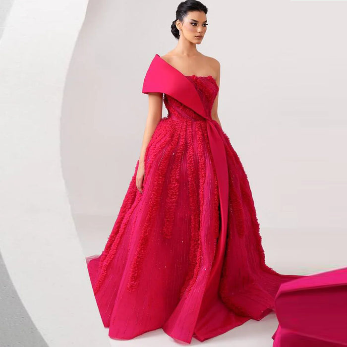 Luxury Fuchsia Textured Beaded Strapless Ball Gown with Train XD042-DreamyVow