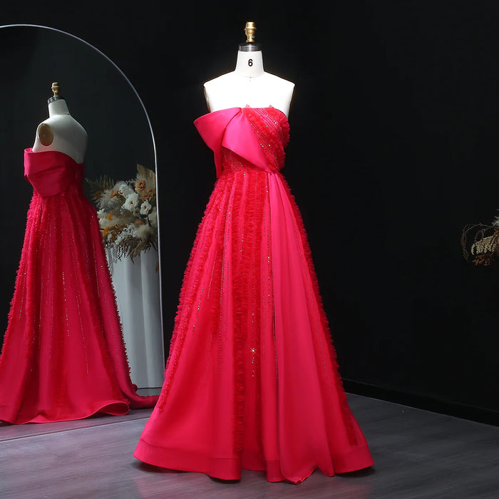 Luxury Fuchsia Textured Beaded Strapless Ball Gown with Train XD042-DreamyVow