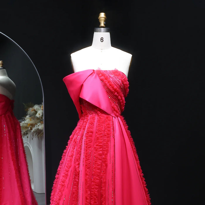 Luxury Fuchsia Textured Beaded Strapless Ball Gown with Train XD042-DreamyVow