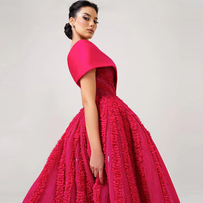 Luxury Fuchsia Textured Beaded Strapless Ball Gown with Train XD042-DreamyVow