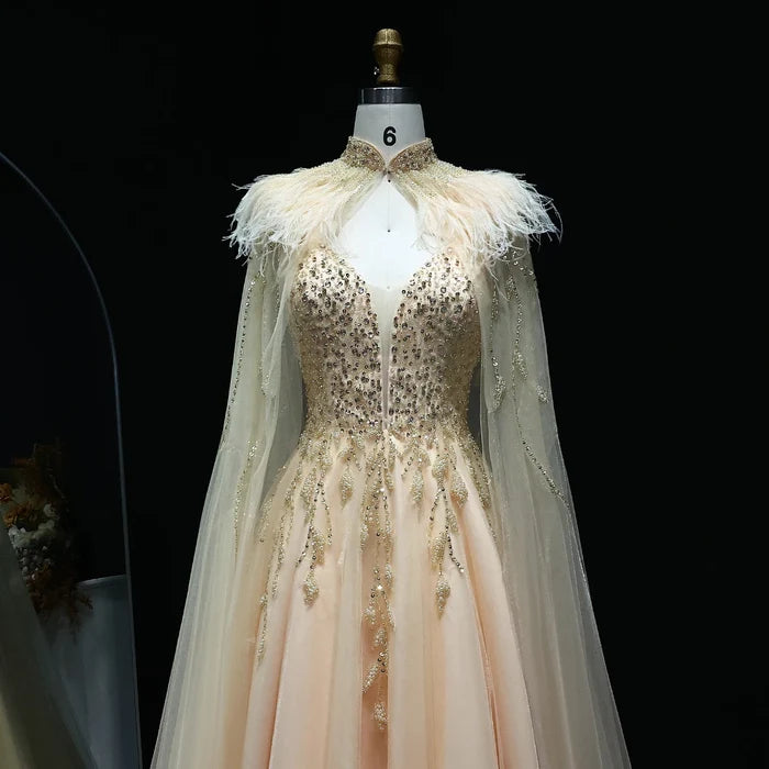 Luxury Gold Beaded Feather Dubai Evening Dress with Cape SS594