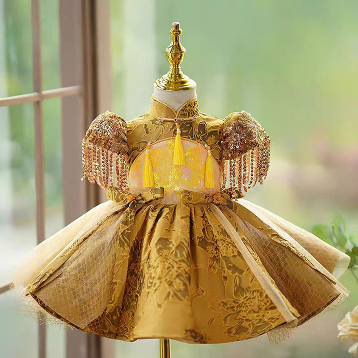 Luxury Gold Chinese Style Girl Dress With Tassels J490