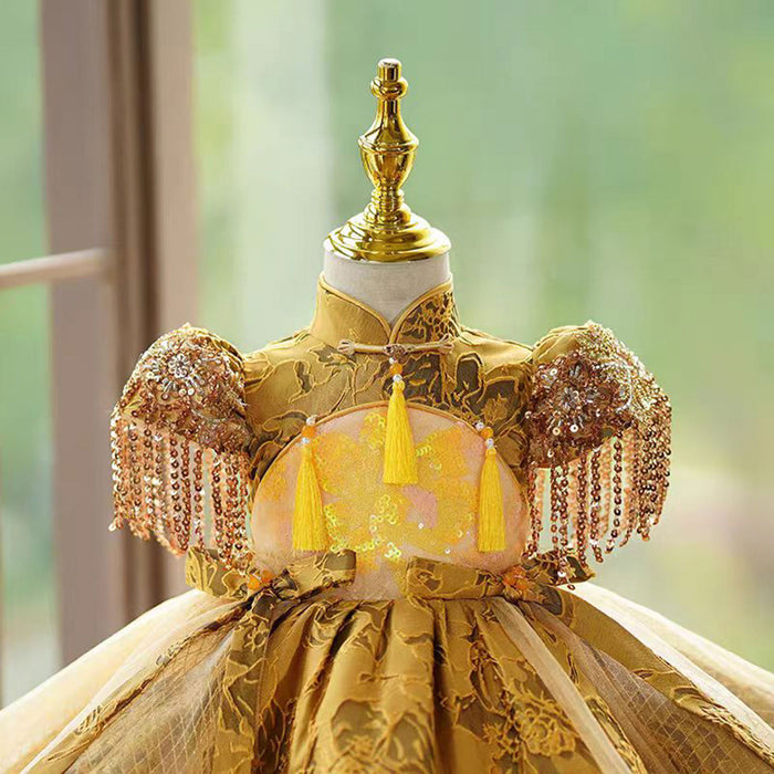 Luxury Gold Chinese Style Girl Dress With Tassels J490