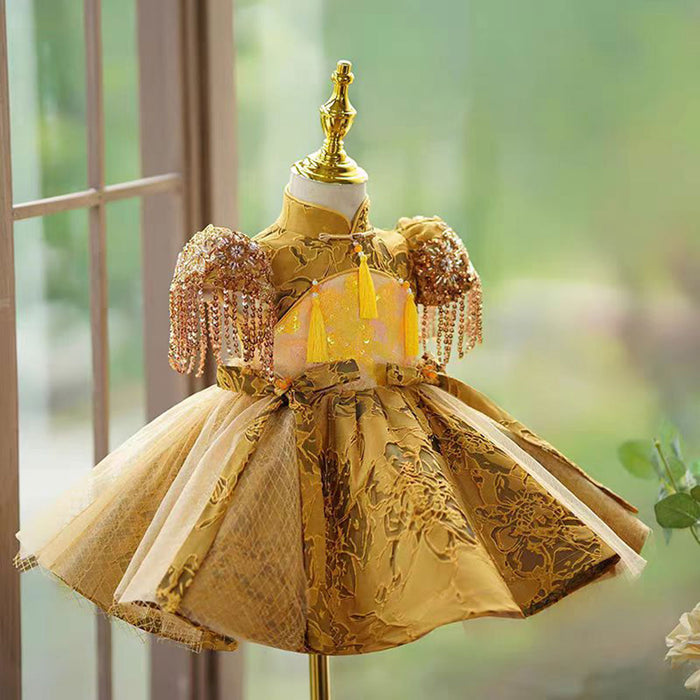 Luxury Gold Chinese Style Girl Dress With Tassels J490