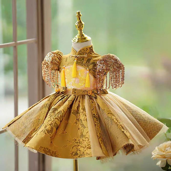Luxury Gold Chinese Style Girl Dress With Tassels J490