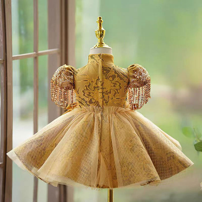 Luxury Gold Chinese Style Girl Dress With Tassels J490