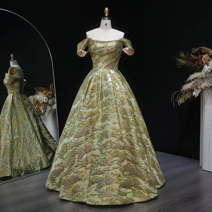 Luxury Gold Jacquard Off-Shoulder Ball Gown Satin Evening Dress SS742-DreamyVow