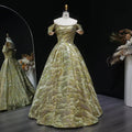 Luxury Gold Jacquard Off-Shoulder Ball Gown Satin Evening Dress SS742-DreamyVow