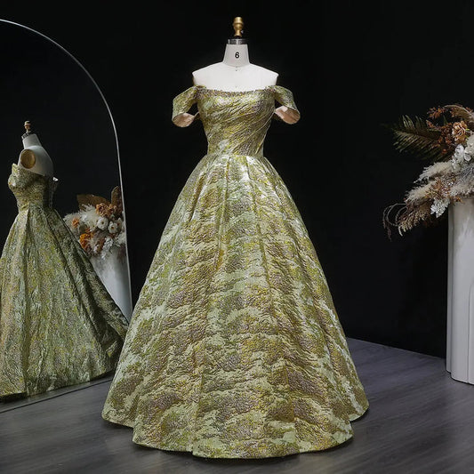 Luxury Gold Jacquard Off-Shoulder Ball Gown Satin Evening Dress SS742-DreamyVow