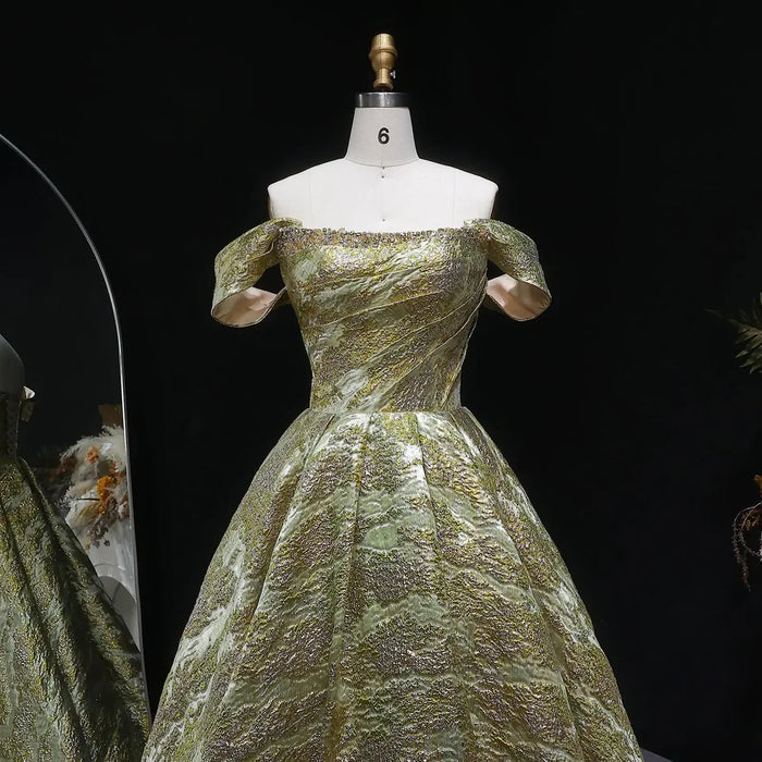 Luxury Gold Jacquard Off-Shoulder Ball Gown Satin Evening Dress SS742-DreamyVow