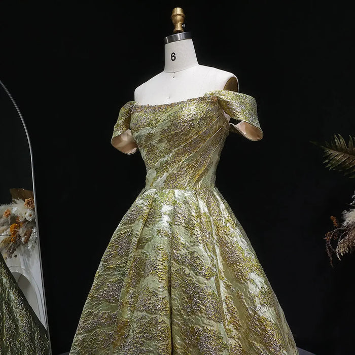 Luxury Gold Jacquard Off-Shoulder Ball Gown Satin Evening Dress SS742-DreamyVow