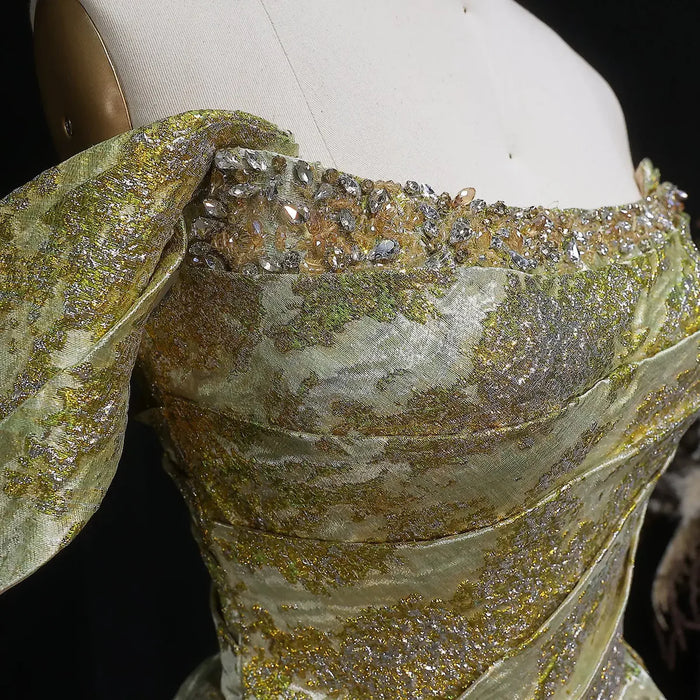 Luxury Gold Jacquard Off-Shoulder Ball Gown Satin Evening Dress SS742-DreamyVow