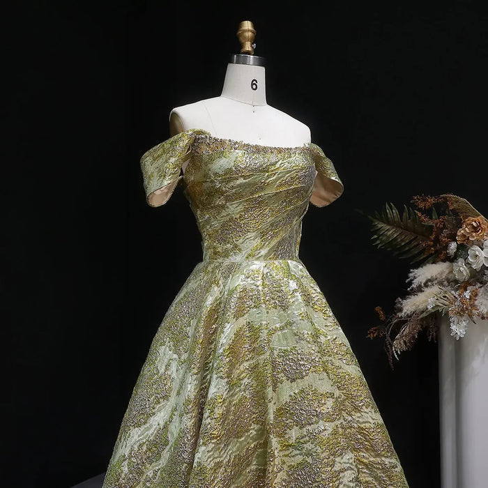 Luxury Gold Jacquard Off-Shoulder Ball Gown Satin Evening Dress SS742-DreamyVow
