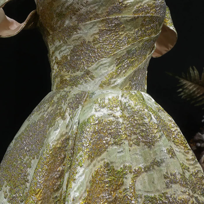 Luxury Gold Jacquard Off-Shoulder Ball Gown Satin Evening Dress SS742-DreamyVow
