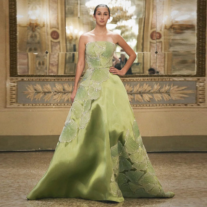 Luxury Green Strapless Embroidery Satin Evening Dress XD077-DreamyVow