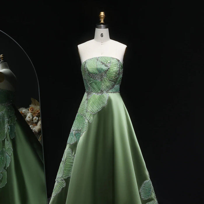 Luxury Green Strapless Embroidery Satin Evening Dress XD077-DreamyVow