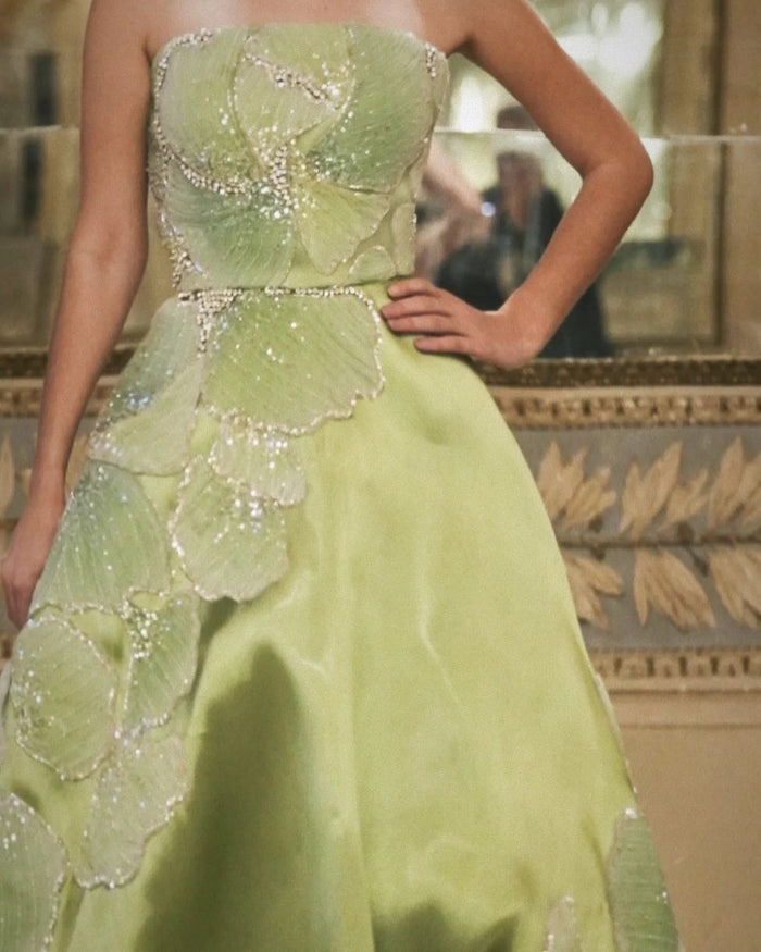 Luxury Green Strapless Embroidery Satin Evening Dress XD077-DreamyVow
