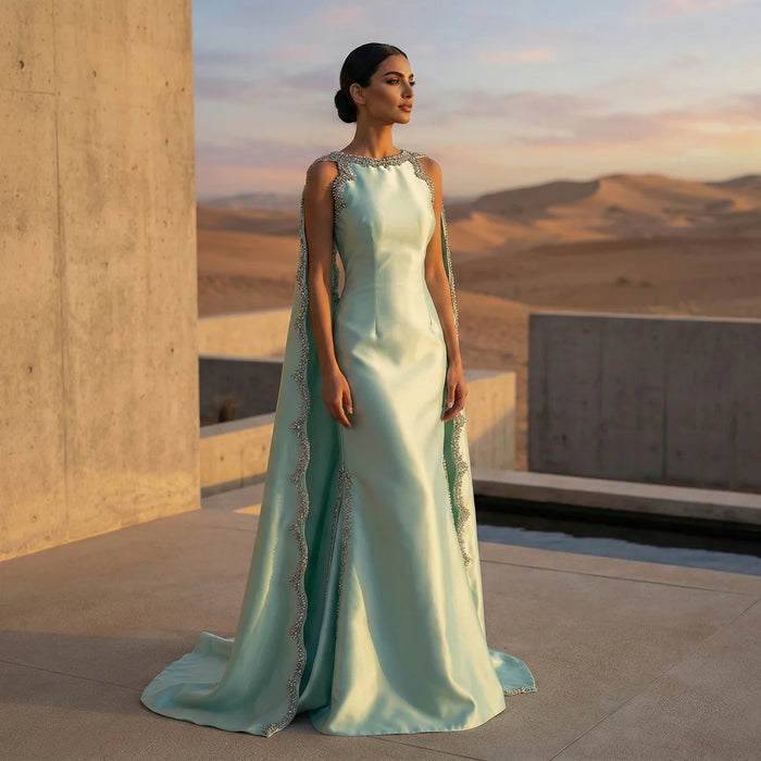 Luxury Mint Green Satin Crystal Cape Evening Dress SS503-DreamyVow